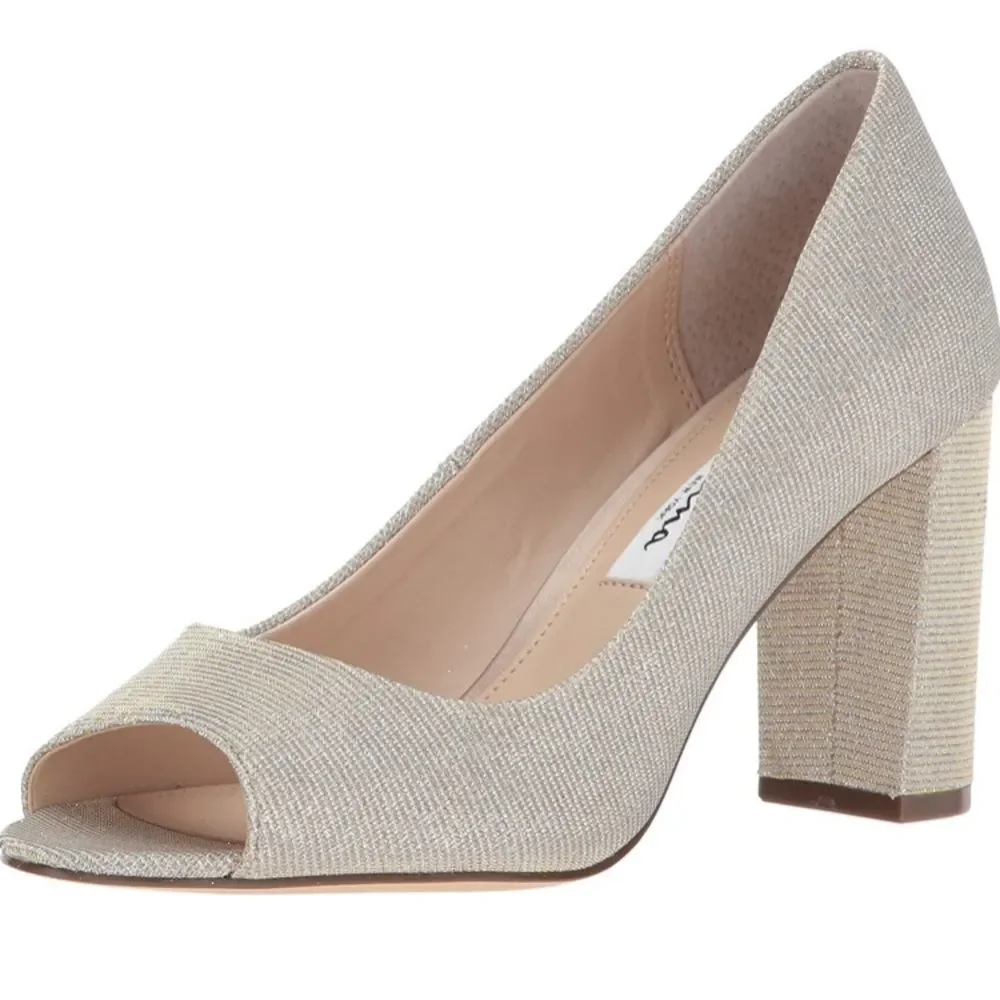 NWT Nina Farlyn gold platinum sparkly bedazzled peep toe heels 10